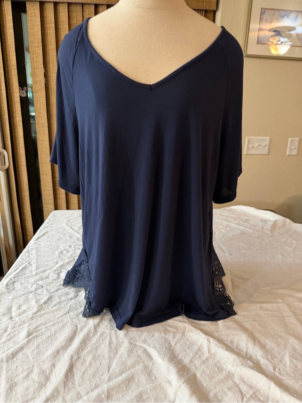 VENUS Navy V-Neck Cold Shoulder Sleeve Top with Lace Side Panels
